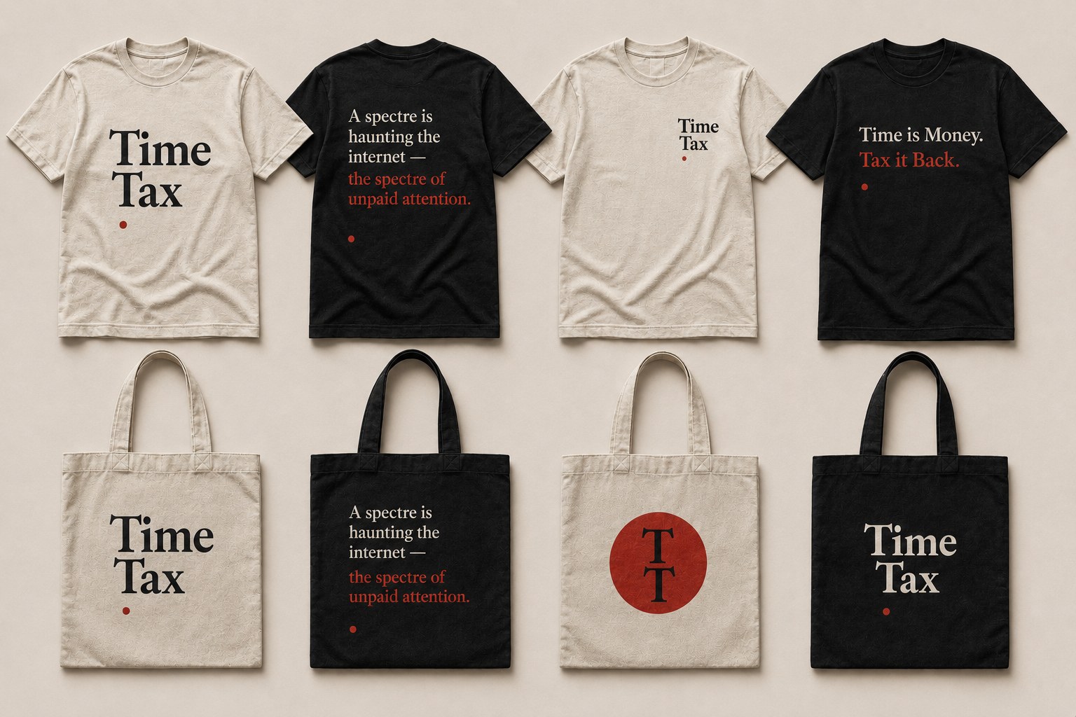 The Time Tax drop — four tees and four totes carrying the wordmark, the spectre statement, the TT monogram, and the imperative 'Time is Money. Tax it Back.'